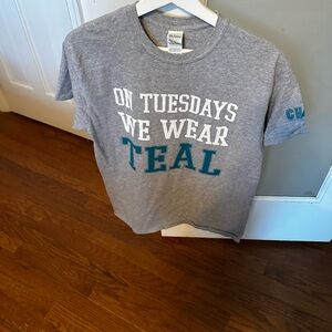 Gildan Gray T-Shirt with Teal and White Text